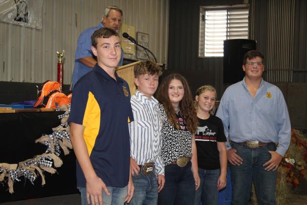 The 2023 Junior Fair Board was announced by Fair Board Vice Chairman Matt Griffith during the Pottawatomie County Free Fair Awards on Sept. 10. They are, from left, Braxton Robbins, Taylor Marrs, Poppy Robinson, Berklee Gossen and Cooper Kline. Countywide &amp; Sun/Natasha Dunagan