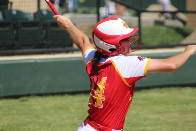 Dale junior Karsen Griggs hits a triple in the fourth inning of the Dale Fastpitch Festival game with El Reno on Sept. 16. The festival was held at FireLake Ball Fields, and Dale won that game, 8-0,  and the next game with Whitesboro, 5-4. They also won on Sept. 15 against Shattuck and Kremlin-Hillsdale. Tecumseh, Bethel and McLoud also participated in the festival, as well as several other teams from around the area. Countywide &amp; Sun/Natasha Dunagan