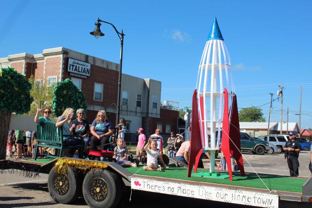 A float depicting the rocket and benches at Slick Humphrey Park, in Tecumseh, states the Frontier Days theme for this year: "There's no Place Like Our Hometown." Countywide &amp; Sun/Natasha Dunagan