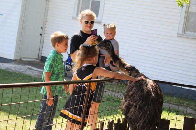 Rachel Fontanez holds Rita, 15 months, as she gets pictures of Chiara, 6, petting an emu, while Jeremiah, 8, looks on during Tecumseh's Frontier Days, Sept. 17. Jeremiah was just surprised by the emu seconds before. Countywide &amp; Sun/Natasha Dunagan