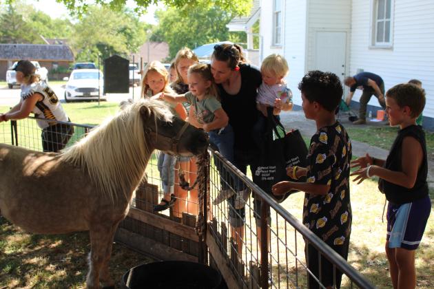 Lawana Griffith holds up Meliah, 2, and Mason, 1, to pet a pony in the petting zoo, as Shenoah Griffith, 5, far left, looks on during Frontier Days on Sept. 17. Countywide &amp; Sun/Natasha Dunagan