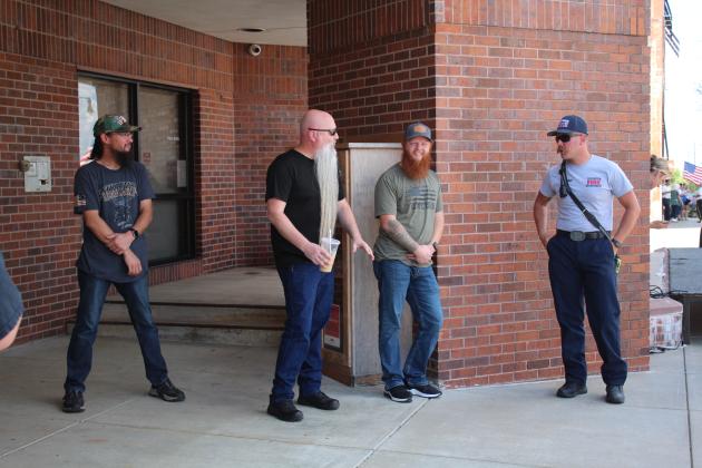 There were four contestants in the Frontier Days Beard &amp; Stache Contest on Sept. 17. Teddy Herskovits, third from left, was eliminated since he is a family friend of event sponsor and Fat Chix Barber owner Linda Blankenship. Blankenship presented beard care kits to Michael Schafer, far left, for Best Overall; John Long for Best Beard; and Tecumseh fireman Eddie Kidney, far right, for Best Mustache. Schafer and Long are both from McLoud. Countywide &amp; Sun/Natasha Dunagan