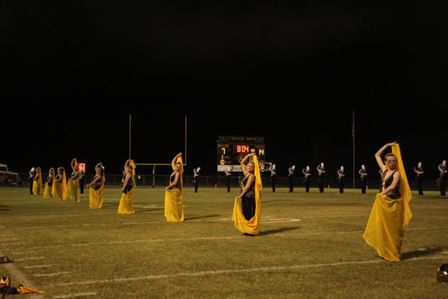 Tecumseh's Flag Corp and Savage Pride Band perform to songs from the Disney movie "Aladdin" during halftime of the home game on Sept. 23. Countywide &amp; Sun/Natasha Dunagan