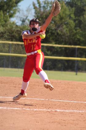 Dale sophomore Kinsley Hill throws one over the plate during the fifth inning of the State Quarterfinal game with Minco on Oct. 6 at the USA Softball Hall of Fame Stadium in OKC. The Lady Pirates played a hard-fought game the whole seven innings and won, 3-2. They went on to the Semifinals with Pocola, but lost 2-6. Countywide &amp; Sun/Natasha Dunagan