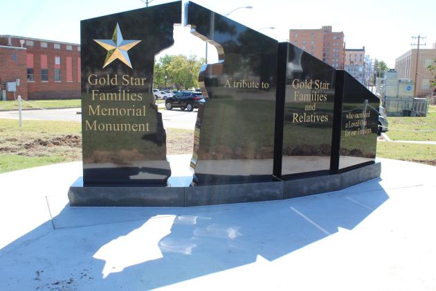 A light silhouette of a soldier is formed on the northwestern side of the Gold Star Families Memorial Monument, which was installed at Woodland Veterans Park on Oct. 17 by the Woody Williams Foundation. The Shawnee Oklahoma Veterans Memorial Committee designed the panels on the opposite side. They will hold an unveiling and dedication ceremony during their Veterans Day Program on Nov. 4 at 11 am., followed by a reception at the Shawnee Senior Center. Countywide &amp; Sun/Natasha Dunagan