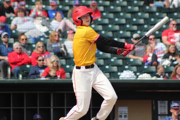 Dale freshman Denton Forsythe hits a double in the third inning of the Class A State Baseball Championship on Oct. 8. Denton and his brother, Dayton, both played in the game, and their father, Josh, is the Assistant Coach. Countywide &amp; Sun/Natasha Dunagan