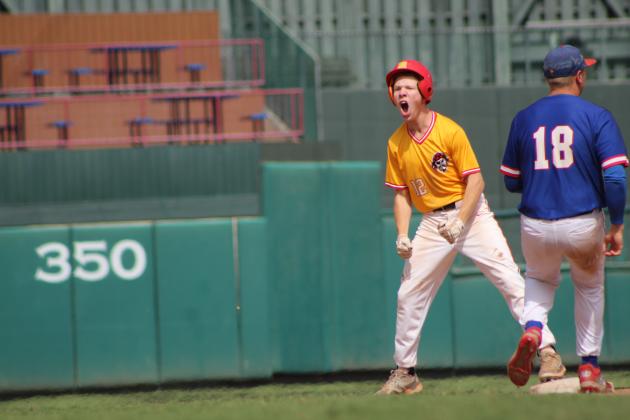 Dale's Easton Edmonson yells after hitting a double in the fifth inning of the Class A State Baseball Championship on Oct. 8. Countywide &amp; Sun/Natasha Dunagan