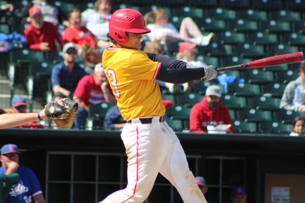 Dale junior Ethan Douglas sends the ball flying in the sixth inning of the Class A State Baseball Championship on Oct. 8 at the Chickasaw Bricktown Ballpark in OKC. Douglas also hit a double in the second inning and caused five RBIs. The Pirates won, 18-11, against top-ranked Silo. Countywide &amp; Sun/Natasha Dunagan