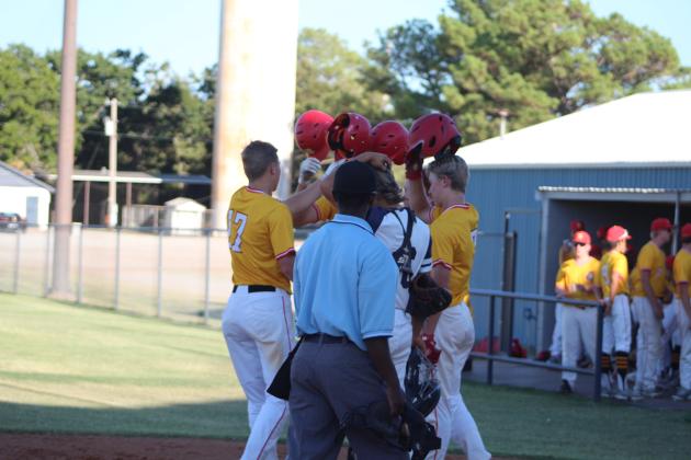 Dale's Dayton Forsythe (#17) clacks helmets with his teammates after hitting a homerun during the game at Asher on Sept. 26. Dale won, 12-0, but went on to lose their regional game at Silo, 2-9, on Sept. 29. Countywide &amp; Sun/Natasha Dunagan