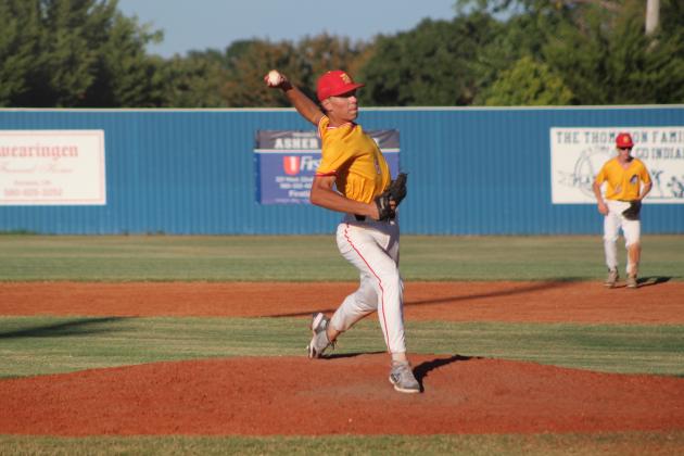 Dale's Casen Richardson prepares to hurl one over home plate during the game at Asher on Sept. 26. Dale won, 12-0. Countywide &amp; Sun/Natasha Dunagan