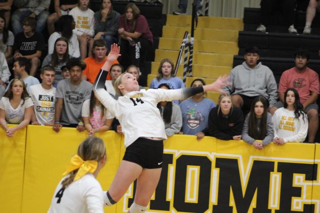 Tecumseh senior Koree Thompson prepares to spike the ball during the Senior Night game with NW Classen on Sept. 29. The Lady Savages won, 3-0. Countywide &amp; Sun/Natasha Dunagan