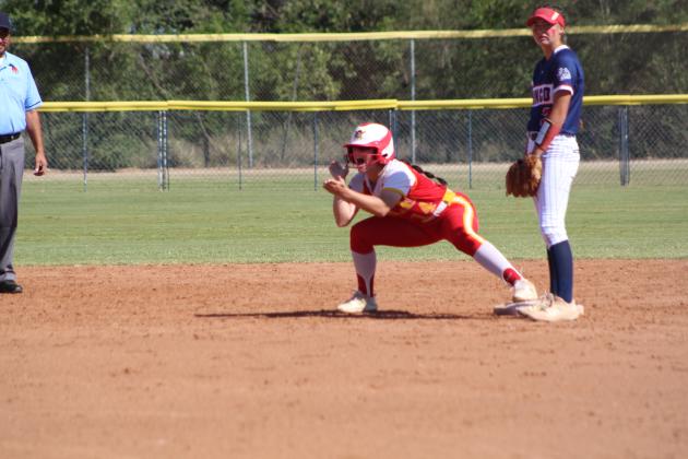 Dale junior Karsen Griggs claps at second base after hitting a double in the third inning of the State Quarterfinal game with Minco on Oct. 6 at the USA Softball Hall of Fame Stadium in OKC. The Lady Pirates played a hard-fought game the whole seven innings and won, 3-2. They went on to the Semifinals with Pocola, but lost 2-6. Countywide &amp; Sun/Natasha Dunagan