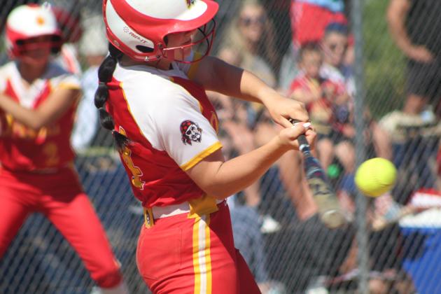 Dale junior Karsen Griggs hits a single during the seventh inning of the State Quarterfinal game with Minco on Oct. 6 at the USA Softball Hall of Fame Stadium in OKC. The Lady Pirates played a hard-fought game the whole seven innings and won, 3-2. They went on to the Semifinals with Pocola, but lost 2-6. Countywide &amp; Sun/Natasha Dunagan