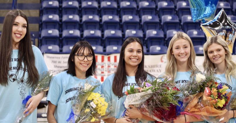 The Shawnee Volleyball Team held their Senior Night ceremonies on Sept. 29. The seniors included, from left, Dalaney Uranga, Caelynn Blanchard, Janelle Watson, Allie Ratcliff and Tieryn Taylor. Photo provided by Harli Hitt.