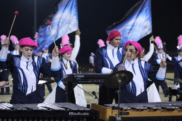 Percussion players in "The Pride of the Pack" perform "Astral Odyssey" during half time of the Shawnee Senior Night home game on Nov. 3. The Shawnee band recently placed 12th in the Owasso State Marching Contest, according to the Shawnee Bands Facebook page. This performance was also dedicated to breast cancer survivors. Countywide &amp; Sun/Natasha Dunagan