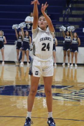 Shawnee's Daley Rice shoots a free throw during the second quarter of the home game against El Reno on Nov. 29. The Lady Wolves lost 28-42. The Wolves also lost that night, 31-45. Countywide &amp; Sun/Natasha Dunagan