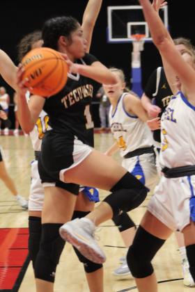 Tecumseh junior Serenity Jacoway goes to the hoop through several Bethel defenders during the second quarter of Bethel's First United Basketball Classic on Dec. 10 at FireLake Express. Over the three-day tournament, the Lady Savages beat Prague, 42-25, and Perkins-Tryon, 54-28, but lost to the Bethel Wildcats, 33-63, to become the runner-up. Countywide &amp; Sun/Natasha Dunagan