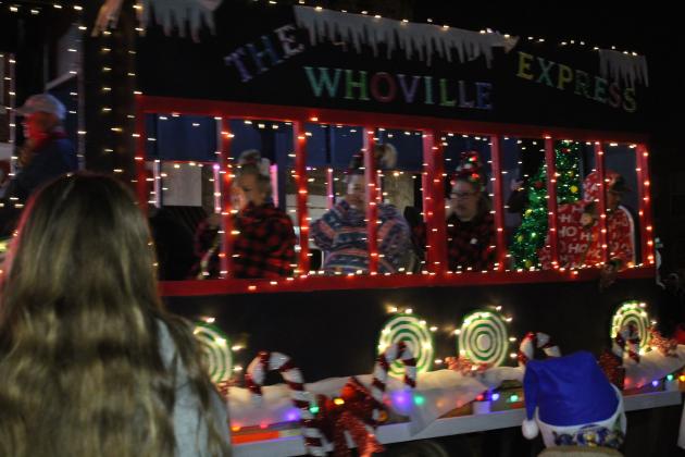 The Whoville Express chugs along in the Grinchmas Holiday Parade and Marching Band Contest in Tecumseh on Dec. 8. The parade, organized by the Tecumseh Chamber of Commerce, had 57 entries, and the City of Tecumseh sponsored the Marching Band Contest, which had five entries. The City also brought the Whoville Express and won second place. Countywide &amp; Sun/Natasha Dunagan
