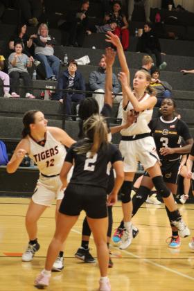 Maud's Aubrey Williams tries for a basket in the second quarter of the home game against Calvin on Jan. 12. The Maud Lady Tigers lost 27-78. Countywide &amp; Sun/Natasha Dunagan