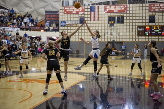Bethel's Josie Megehee tries for a three-point shot in the last moments of the game against Caddo on Dec. 30. This was the final game in the Bertha Frank Teague Mid-America Classic, held at ECU, Dec. 28-30. The Lady Wildcats won their first two games with Georgetown, TX, 53-41, and Ada, 53-37, but they lost by one point, 40-41, with Caddo. Megehee and Parker Stevenson made the All-Tournament Team. Photo provided by Richelle Treece.