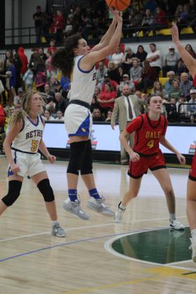 Bethel's Parker Stevenson tries for three points, as teammate Brooklyn Duff and Dale's Ava Bell look on, during the Bethel home game, held at OBU on Jan. 17. The Dale Lady Pirates won 43-39. Countywide &amp; Sun/Natasha Dunagan