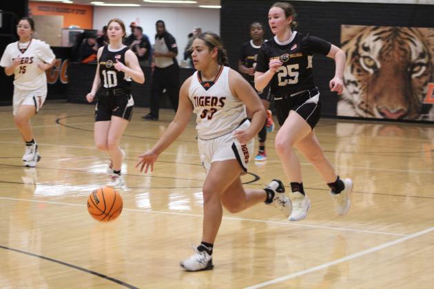Maud's Amerikus Street brings the ball down the court in the fourth quarter of the home game against Calvin on Jan. 12. The Maud Lady Tigers lost 27-78. Countywide &amp; Sun/Natasha Dunagan