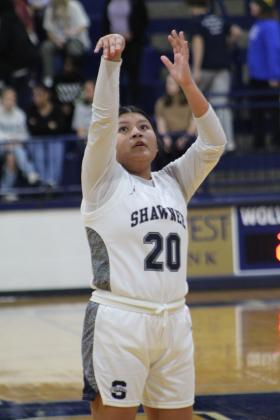 Shawnee junior Tylyn Thurman shoots free throws during the first quarter of the homecoming game against Harding Charter on Jan. 10. The Lady Wolves lost, 34-39, and the Wolves won in overtime, 69-63. Countywide &amp; Sun/Natasha Dunagan