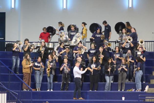 Shawnee band members perform during a time out at the Lady Wolves homecoming game against Harding Charter on Jan. 10. Countywide &amp; Sun/Natasha Dunagan