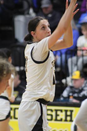 Tecumseh senior Kenzli Warden shoots a free throw during the third quarter of the home game with Harrah on Feb. 10. The Lady Savages won, 55-44, and the Savages also won that night, 71-51. Countywide &amp; Sun/Natasha Dunagan