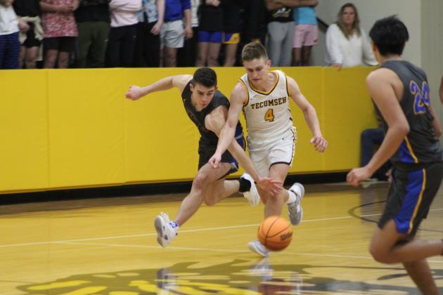 Bethel's Bray Bussell tries for a steal as Tecumseh's Brady Overstreet takes the ball down the court during the fourth quarter of the game at Tecumseh on Feb. 3. Countywide &amp; Sun/Natasha Dunagan
