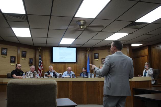 Oklahoma State School Boards Association Executive Director Shawn Hime, Ph.D., addresses the Shawnee Board of Education about what they would offer in the search for a superintendent during the meeting on Feb. 6. Countywide &amp; Sun/Natasha Dunagan