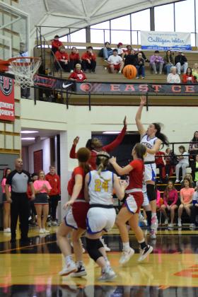 Bethel senior Parker Stevenson aims for the basket in the Class 3A Area game against Silo, played at Jenks on March 3. The Lady Wildcats won, 60-54, and will compete in the State Tournament today (March 9), 4:30 pm at the State Fairgrounds Arena. Countywide &amp; Sun/Julie Talton