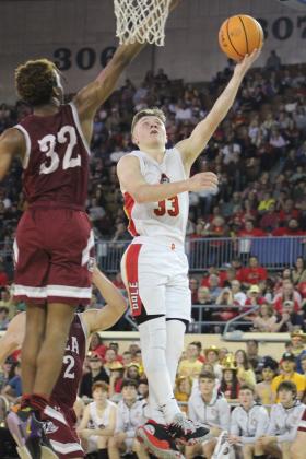Dale junior Dayton Forsythe makes a layup in the fourth quarter of the Class 2A State Championship game against Oklahoma Christian Academy (OCA) on Sat., March 11. The Dale Pirates won, 78-52. This is their second year in a row to be state champions, and their record is 32-0. Countywide &amp; Sun/Natasha Dunagan