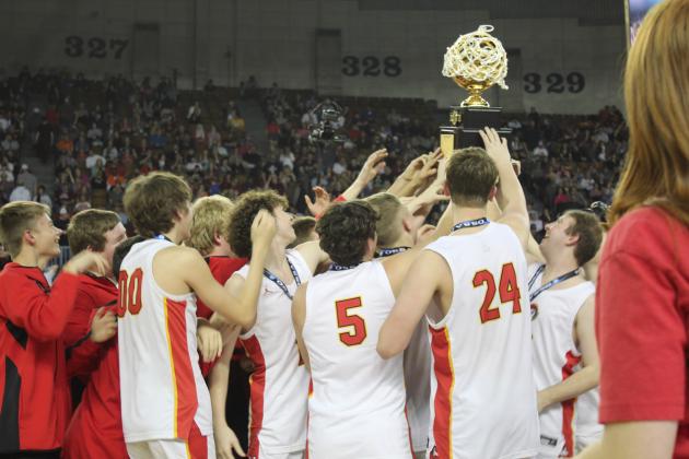 The Dale Pirates hold up their Class 2A State Championship Trophy after winning against OCA, 78-52, at the State Fairgrounds Arena on March 11. They beat Wister in the Quarterfinals, 84-46, and Pocola in the Semifinals, 50-33, before heading to the finals. This is the second year in a row the Pirates have won state, and their record was a flawless 32-0. Countywide &amp; Sun/Natasha Dunagan