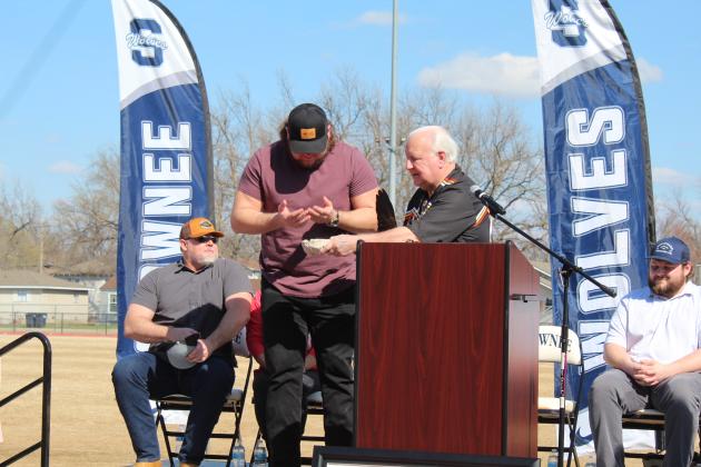 Citizen Potawatomi Nation Chairman John "Rocky" Barrett performs a protective ceremony on Creed Humphrey during the celebration in Humphrey's name on March 4. Countywide &amp; Sun/Natasha Dunagan