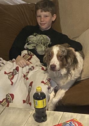 Pongo, the rescued Australian Shepherd, keeps his owner, Eli Storie, 10, company. Pongo was adopted from 405 Animal Rescue, which was the recipient of a recent donation from Storie. Photo provided.