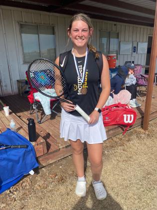 Tecumseh tennis player Tara Lack poses after placing third in 1 Singles at the Shawnee Invitational on March 10. Lack also came in fourth at the Pauls Valley Tournament on March 7. Photo provided.