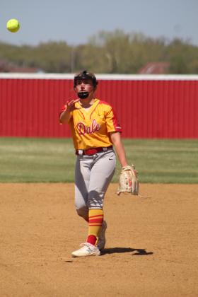 Dale's Kinsley Hill throws one over home during the fourth inning of the Dale Festival game with Silo on April 14. The Lady Pirates won that game, 12-7, and they won their two games on the previous day, as well. Dale beat Oktaha, 12-11, and Deer Creek, 13-1. Countywide &amp; Sun/Natasha Dunagan