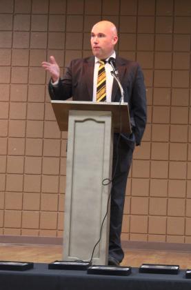 Tecumseh Public Schools Superintendent Robert Kinsey speaks at the Teacher's Luncheon.