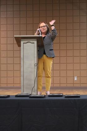 Tecumseh Early Childhood Center Principal Tammy Giaudrone speaks at the Teacher's Luncheon.