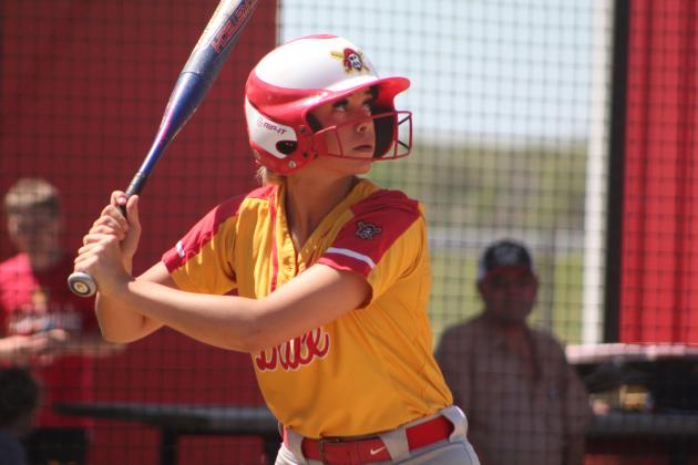 Dale's Chayse Caram prepares to hit a home run in the fourth inning of the Dale Festival game with Silo on April 14. The Lady Pirates won that game, 12-7, and they won their two games on the previous day, as well. Dale beat Oktaha, 12-11, and Deer Creek, 13-1. Countywide &amp; Sun/Natasha Dunagan