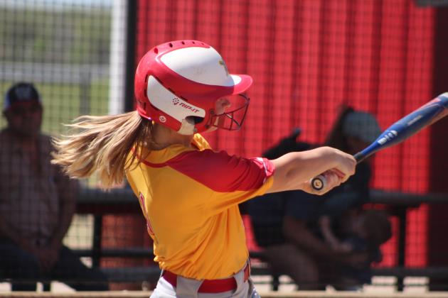 Dale's Heartly Snyder hits a double during the third inning of the Dale Festival game with Silo on April 14. The Lady Pirates won that game, 12-7, and they won their two games on the previous day, as well. Dale beat Oktaha, 12-11, and Deer Creek, 13-1. Countywide &amp; Sun/Natasha Dunagan