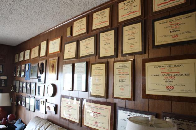 Baseball awards on Coach Bowen's wall