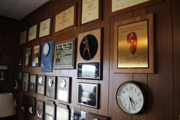 Baseball awards on Coach Bowen's wall