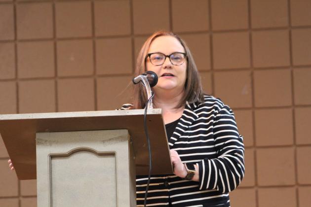 Tecumseh Early Childhood Center Principal Tammy Giaudrone speaks at the Teacher's Luncheon.