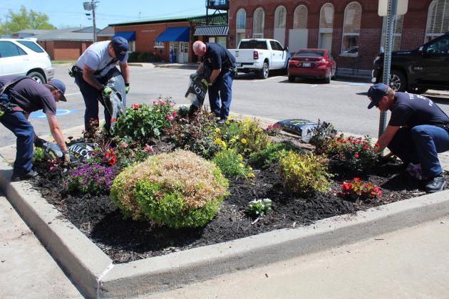 Four Tecumseh firefighters help with the replanting of the 16 street corner gardens by spreading mulch on April 17. Shown, from left, are Dylan Taylor, Eddie Kidney, Fire Chief Rhett Banks, back, and Justin Hamby. Countywide &amp; Sun/Natasha Dunagan