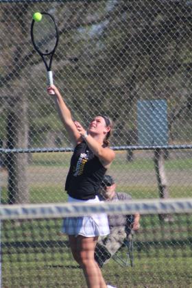 Tecumseh's Tara Lack serves in #1 Singles during the Tecumseh Tennis Tournament on April 3. Tecumseh High School hosted seven schools, and Lack placed third. Kyann Sells played in #2 Singles and placed seventh. The Tecumseh Girls Tennis Team placed fourth overall. Countywide &amp; Sun/Natasha Dunagan