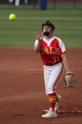 Dale sophomore Kinsley Hill lobs the ball past home in the first inning of the Class 3A State Tournament Finals against Caddo on May 3. On the same day, the Lady Pirates beat Haskell, 11-4, and Tushka, 13-2, at the USA Softball Hall of Fame Stadium. They were named Class 3A Runners-Up after falling in the finals, 8-13. Countywide &amp; Sun/Natasha Dunagan