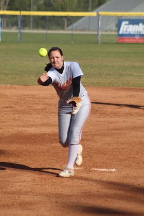 Maud pitcher Kadie Jencik (right) hurls it home during the fifth inning of the Class A State Quarterfinal game with #1-ranked Red Oak on May 2 at the USA Softball Hall of Fame Stadium. The Lady Tigers lost, 4-34, and ended the season with a record of 21-8.