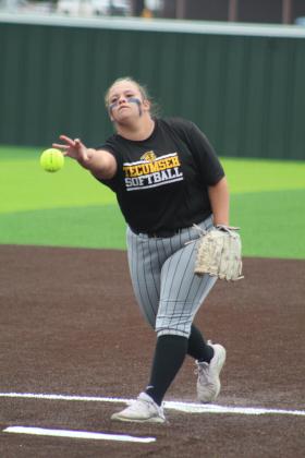 Tecumseh pitcher Kylei Daniels sends the ball to the catcher in the Chandler regional game on April 28 at FireLake Ball Fields. The Lady Savages won that game, 13-2, and with Newcastle, 16-4, to become Class 5A Regional Slow Pitch Softball Champions. Countywide &amp; Sun/Natasha Dunagan